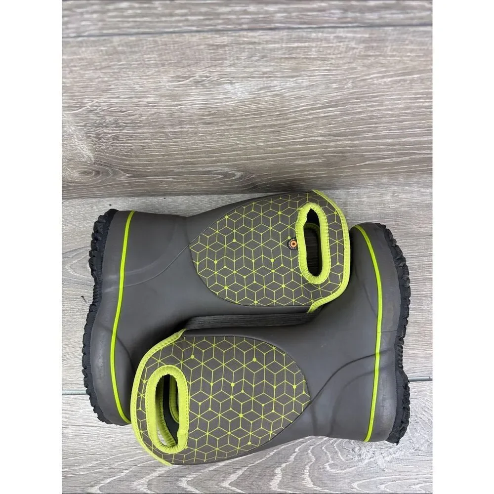 Bogs Waterproof-4f Slushie Web Geometric  Little Boy Sz 13 Gray Green Rain Boots